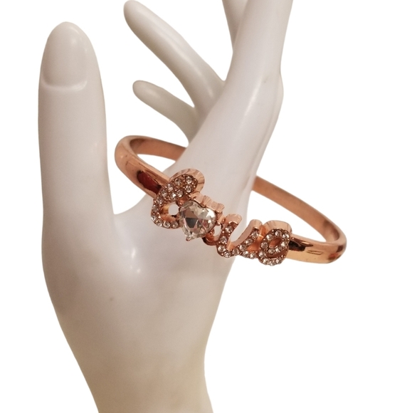 ROSE GOLDTONE & GLASS RHINESTONE "LOVE" BANGLE BRACELET - Picture 3 of 5